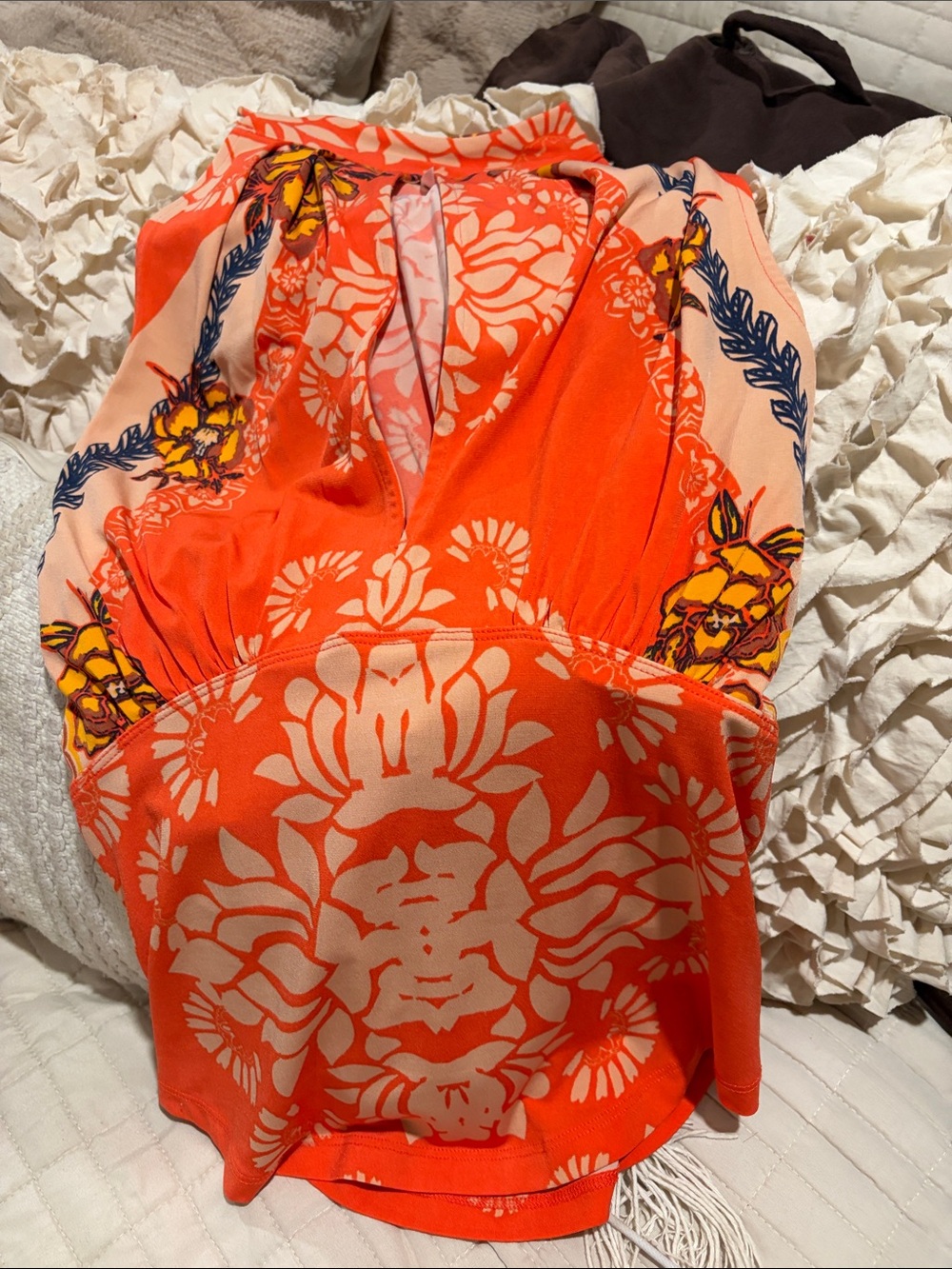 Free People Orange and Cream Floral Halter Tank